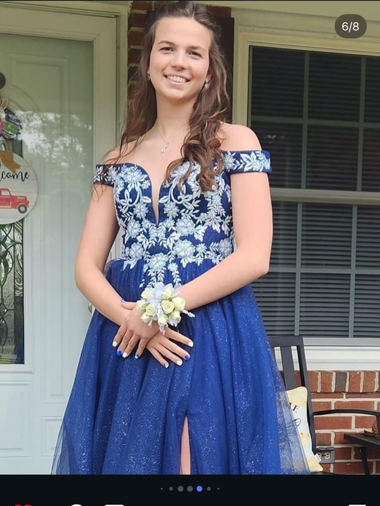 Dresses & Skirts - Navy Off-Shoulder Glitter Prom Dress with White Floral Embroidery